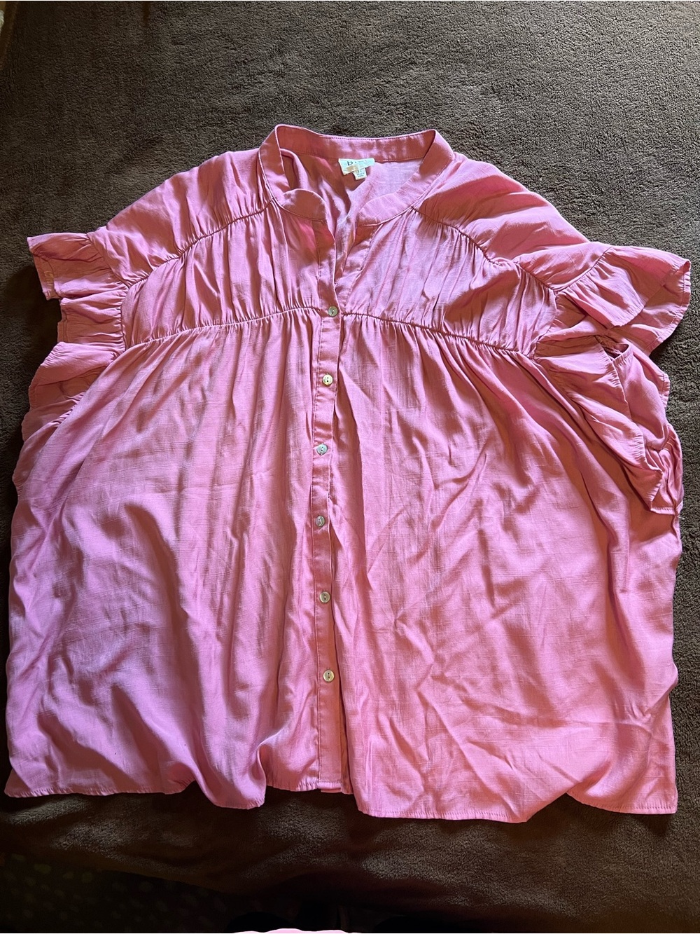 Rose Pink Button-Front Ruffle Sleeve Blouse - Picture 2 of 9
